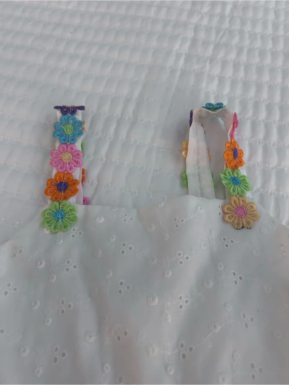 White Eyelet Sundress with Neon Colored Flowers Trim for Kids. Size 8